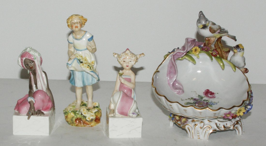 A Collection of Three Royal Worcester Porcelain Figures: A Collection of Three Royal Worcester Porcelain Figures, each depicting a girl, together with a continental porcelain bowl. Height of tallest 6 1/2 inches. Property from the Estate of Margaret Borden,