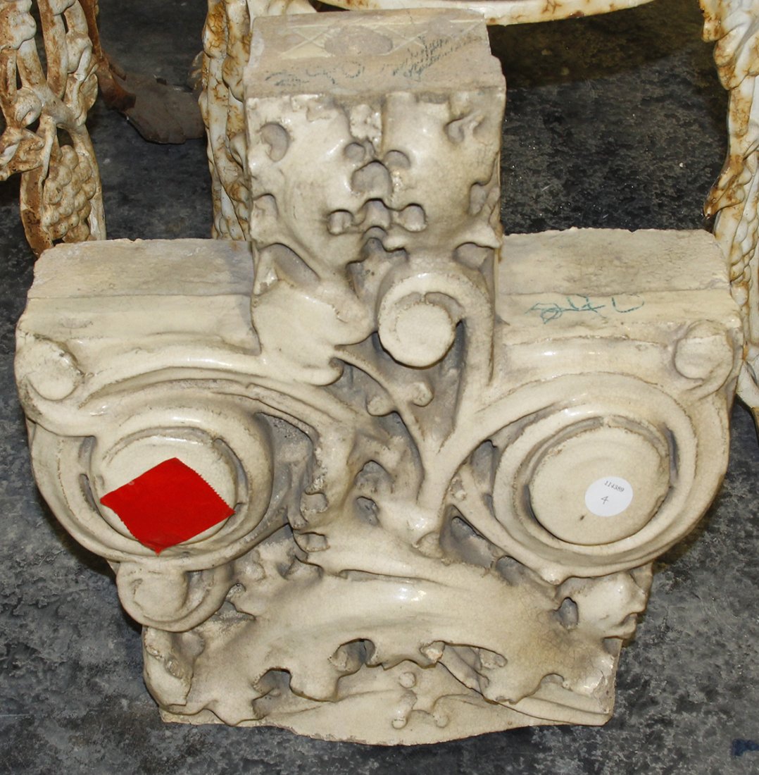 A Louis Sullivan Style Glazed Architectural Fragment, H: A Louis Sullivan Style Glazed Architectural Fragment, having a monochrome cream glaze and relief scrolling decoration throughout, purportedly from a Chicago building. Height 15 inches.