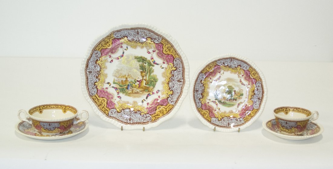 A Copeland Spode Dinner Service for Twelve, Diameter of: A Copeland Spode Dinner Service for Twelve, each having stylized foliate decoration, comprising dinner plates, salad plates, soup bowls (11) with saucers and cups with saucers, together with an associ