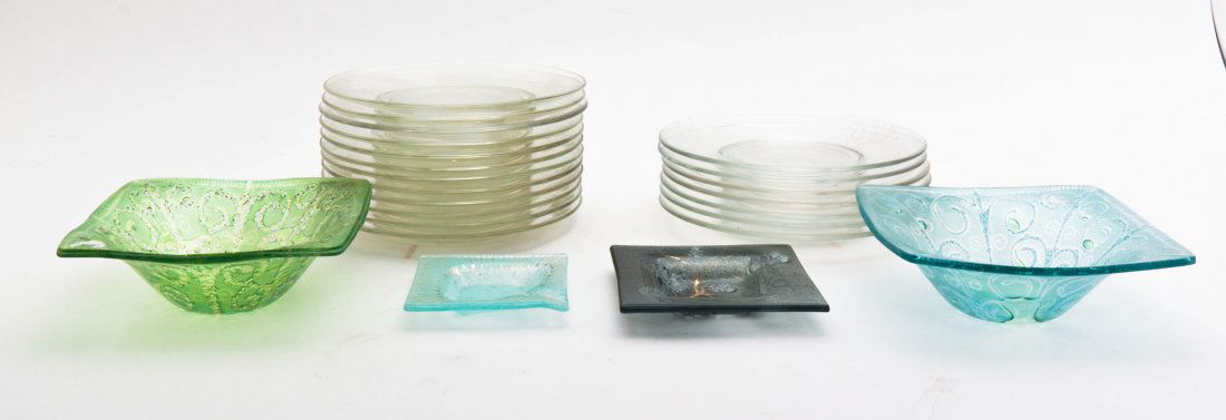 A Collection of Higgins Glass Table Articles, Width of : A Collection of Higgins Glass Table Articles, together with other examples, comprising a tray, 2 Higgins square bowls, 2 Higgins ash receivers, 7 salad plates monogrammed WMS and 12 salad plates with