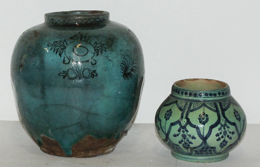 Two Middle Eastern Pottery Vases, Height of taller 8 in: Two Middle Eastern Pottery Vases, one having turquoise glaze, the other green glaze. Height of taller 8 inches.