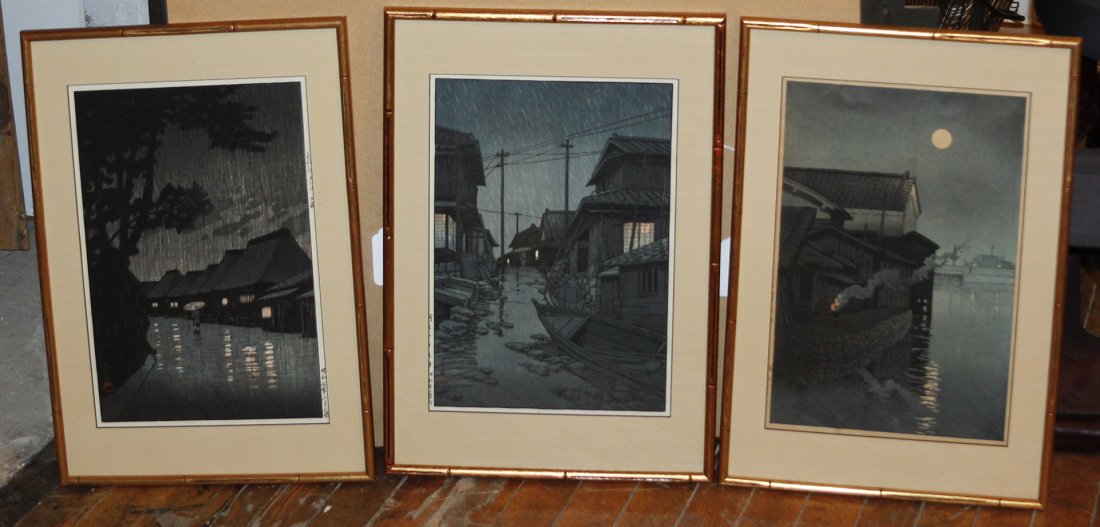 Three Japanese Woodblock Prints, Kawase Hasui (1883-195: Three Japanese Woodblock Prints, Kawase Hasui (1883-1957), each depicting figures in exterior scenes, framed and matted uniformly. Height 19 1/2 x width 13 1/2 inches (overall).