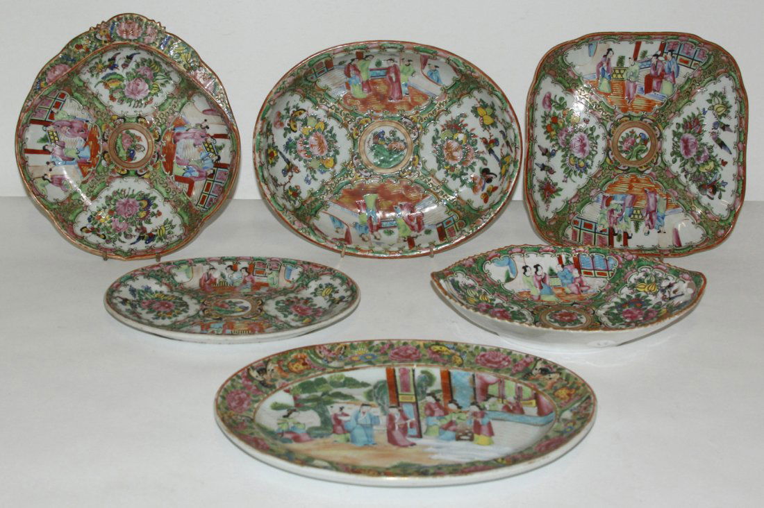 A Collection of Chinese Rose Medallion Trays, Width of : A Collection of Chinese Rose Medallion Trays, comprising four oval examples, a square example and a shell form example. Width of widest 11 3/4 inches. Property from the Estate of Margaret Borden, Peor