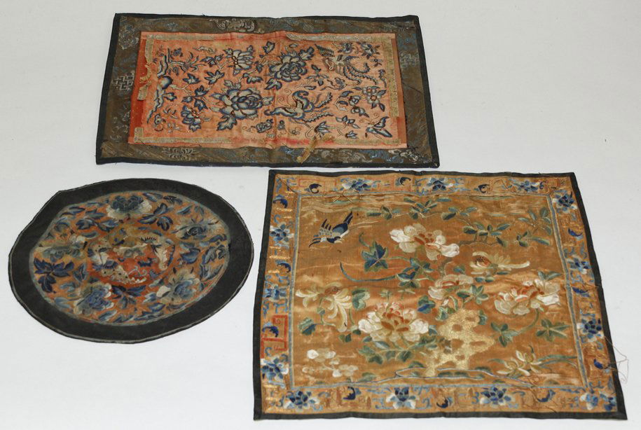 Three Chinese Embroidered Panels, Height of tallest 18: Three Chinese Embroidered Panels, two of rectangular form and one round, each decorated with birds, butterflies and bats. Height of tallest 18 1/2 inches. Property from the Estate of Margaret Borden,