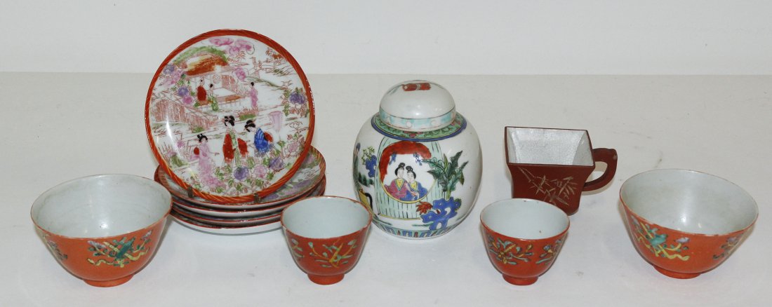 A Collection of Chinese Porcelain Articles, Height of f: A Collection of Chinese Porcelain Articles, comprising a ginger jar decorated with figures on a white ground and five associated cups and saucers. Height of first 4 3/4 inches. Property from the Estat