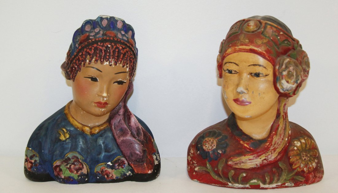 Two Esther Hunt Plaster Busts, Height of taller 9 inche: Two Esther Hunt Plaster Busts, each with polychrome decoration, one marked Daffodil to base, the other unmarked. Height of taller 9 inches.