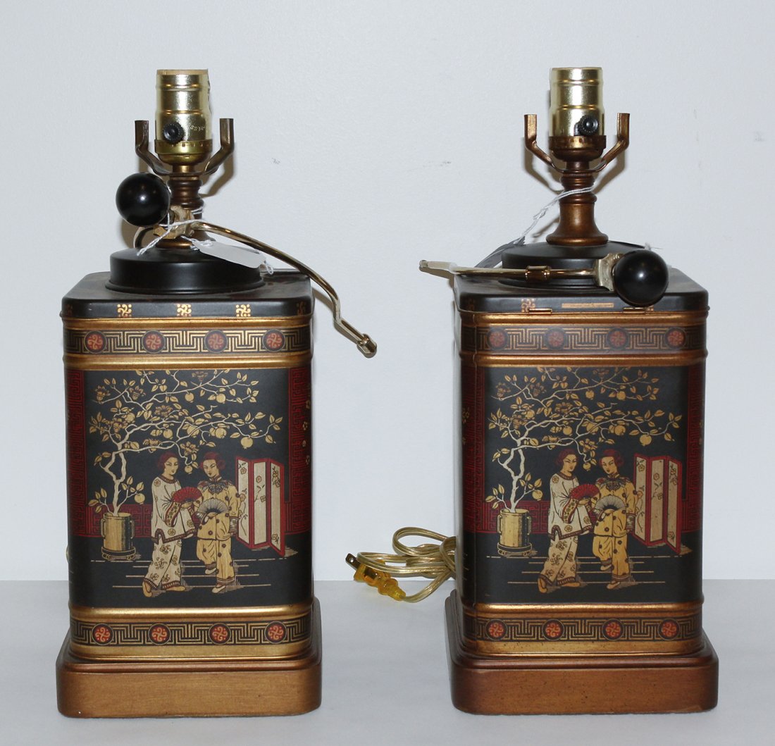 A Pair of Chinoiserie Decorated Tin Canisters, Height o: A Pair of Chinoiserie Decorated Tin Canisters, each of squared lidded form with figural decoration, mounted as lamps. Height of canister 10 3/4 inches.