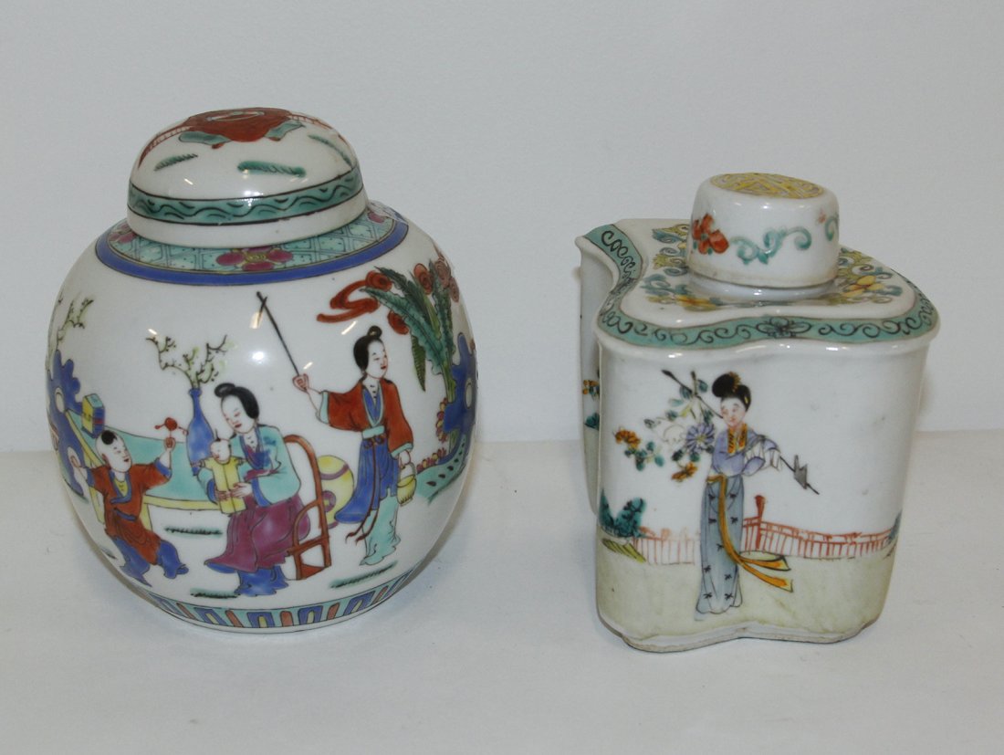 A Chinese Polychrome Enamel Ginger Jar, Height of talle: A Chinese Polychrome Enamel Ginger Jar, together with a lidded tea caddy. Height of taller 6 inches.