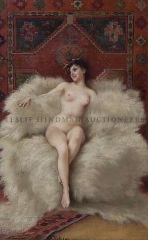 Albert von Keller, (German, 1844-1920), Reclining Nude : Albert von Keller (German, 1844-1920) Reclining Nude on a Fur Pelt oil on canvas signed (lower left) 15 1/2 x 9 3/4 inches.