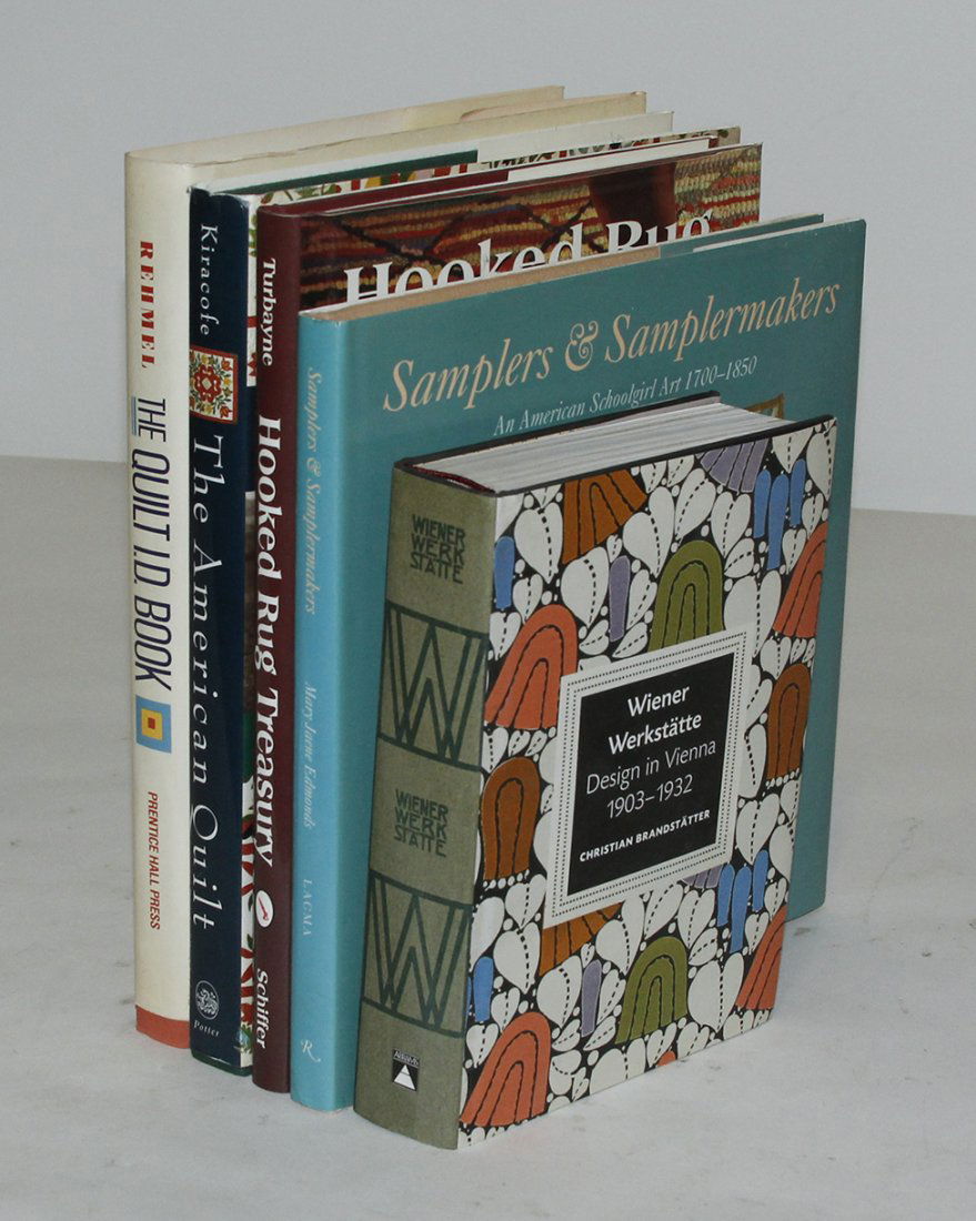 A Collection of Books Pertaining to Textiles, Furniture: A Collection of Books Pertaining to Textiles, Furniture and Decorative Arts, including examples about needlepoint samplers, lace, hooked rugs, Black Forest carving and the Vienna workshops; 14 titles