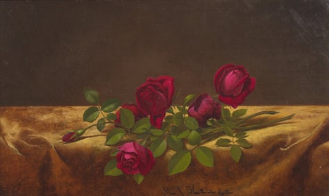 Martin Johnson Heade (American 1819-1904) Roses Lying on Gold Velvet