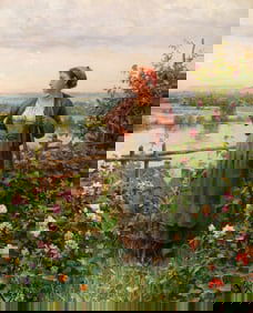 Daniel Ridgway Knight (American, 1839-1924) Among the Flowers, Rolleboise (Girl with Rake), 1904