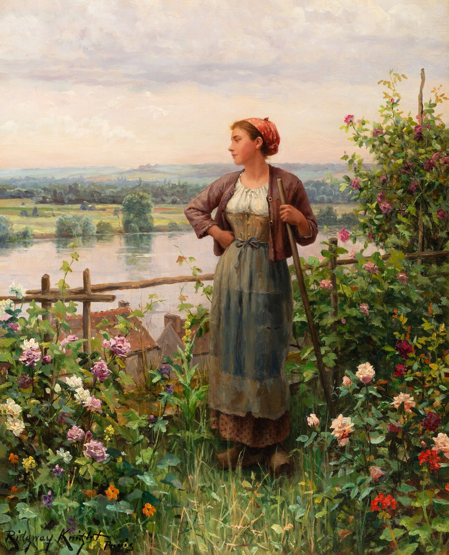 Daniel Ridgway Knight (American, 1839-1924) Among the Flowers, Rolleboise (Girl with Rake), 1904: Daniel Ridgway Knight (American, 1839-1924) Among the Flowers, Rolleboise (Girl with Rake), 1904 oil on canvas laid to board signed Ridgway Knight / Paris (lower left) 21 1/2 x 17 3/8 in. The present