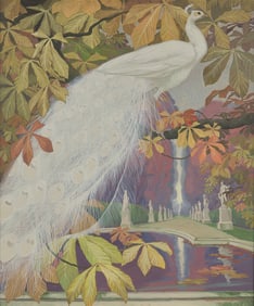 Jessie Arms Botke (American, 1883-1971) Peacock on Fountain