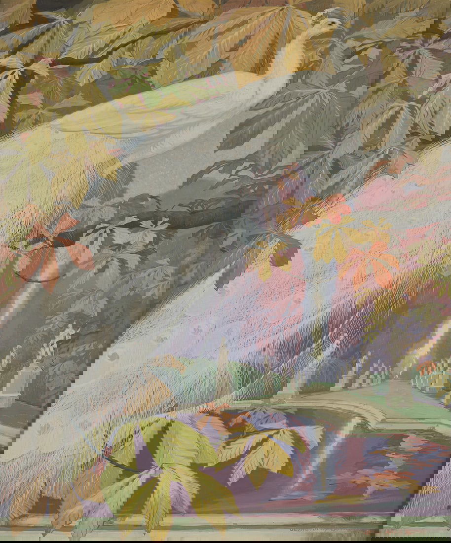 Jessie Arms Botke (American, 1883-1971) Peacock on Fountain (1 of 3)