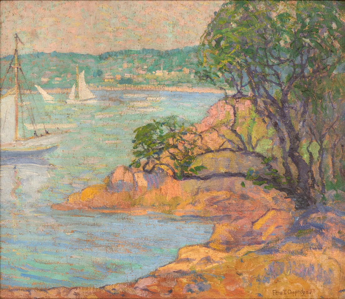 Fern Isabel Coppedge (American, 1883-1951) A New England Harbor: Fern Isabel Coppedge (American, 1883-1951) A New England Harbor oil on canvas signed Fern I Coppedge (lower right); also signed, titled, and inscribed (on the stretcher) 14 1/8 x 16 1/8 in. Provenance