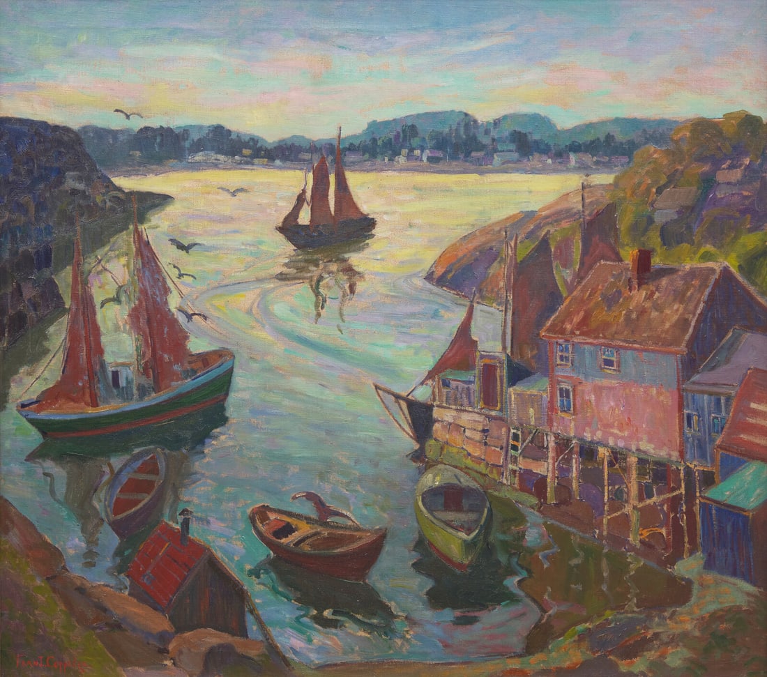 Fern Isabel Coppedge (American, 1883-1951) Pigeon Cove, c. 1920s: Fern Isabel Coppedge (American, 1883-1951) Pigeon Cove, c. 1920s oil on canvas signed Fern I. Coppedge (lower left); also inscribed with artist's name and title (stretcher) 32 x 36 1/8 in. Provenance:
