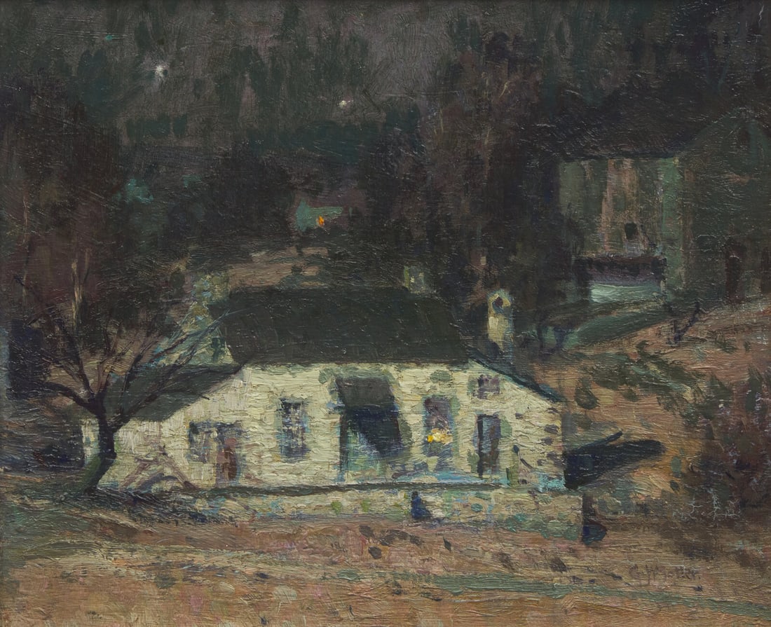 George William Sotter (American, 1879-1953) Moonlight (Holicong, Pennsylvania), 1942: George William Sotter (American, 1879-1953) Moonlight (Holicong, Pennsylvania), 1942 oil on board signed GW Sotter (lower right); also signed, titled, and inscribed Presented to Oscar Anderson, 1942 (