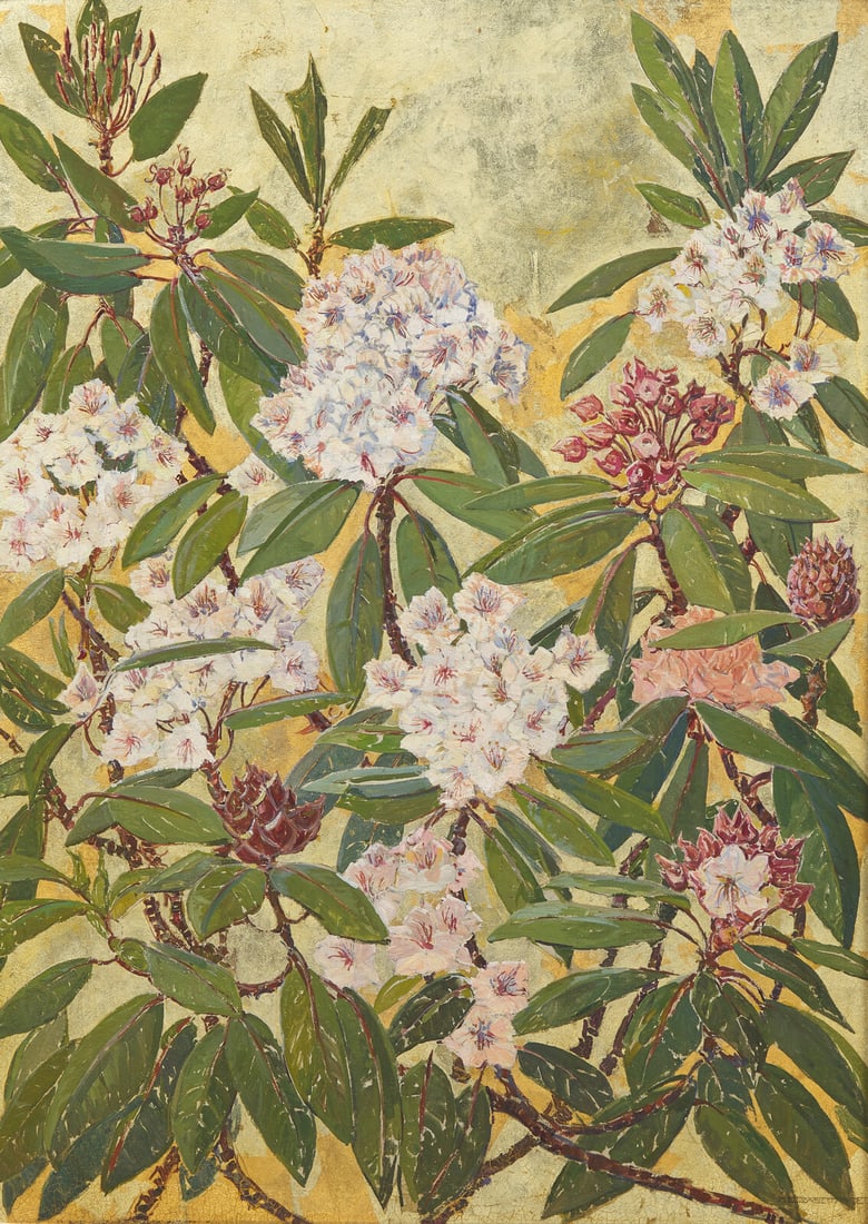 Mary Elizabeth Price (American, 1877-1965) Rhododendron: Mary Elizabeth Price (American, 1877-1965) Rhododendron oil with gold and silver leaf on Masonite signed M. ELIZABETH PRICE (in a cartouche lower right); also signed, titled and located NEW HOPE / PEN
