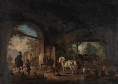 Manner of Philips Wouwerman (Dutch, 1619-1668) A Barn Interior with Gentlemen Preparing for a Ride,