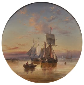 Henry Redmore  (British, 1820-1887) Barges and other shipping drying their sales in an estuary