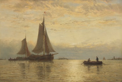 George Stanfield Walters (British, 1838-1924) Dutch Tjalks at Sunset, 1885