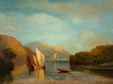 Andrew McCallum (British, 1821-1902) Sailboats in the Bay and a Rowboat Taxiing Figures to an