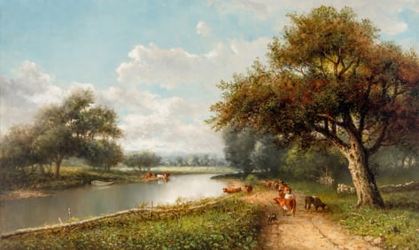 Charles Christian Eisele (German, 1854-1919) River Landscape with Cows Along a Path