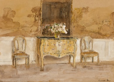 Walter Gay (American, 1856-1937) Interior with a commode and a pair of side chairs