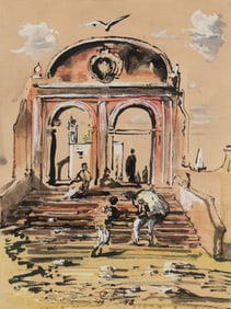 Eugene Berman (American/Russian, 1899-1972) Surrealist Scene with Figures and Ruins, 1948