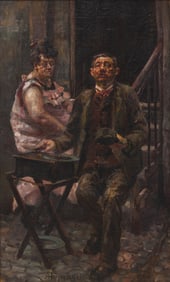 Aksel Karl Jorgensen (Danish, 1883-1957) Organ grinder with lady sitting in a staircase in