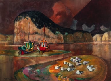 Millard Sheets (American, 1907-1989) Cliffs, Water, Boats, 1976