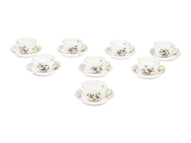 A Set of Eight Herend Rothschild Bird Porcelain Teacups and Saucers