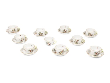 A Set of Ten Herend Rothschild Bird Porcelain Teacups and Nine Saucers