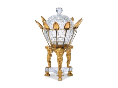 A French Neoclassical Gilt Bronze Mounted Cut-Glass Caviar Server with French Silver Gilt Spoons
