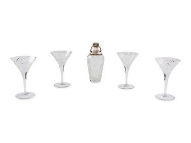 A Fabergé Cut Glass and Silver-Plate Mounted Cocktail Shaker and Four Glasses