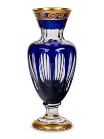 A Saint-Louis Gilt Decorated Cobalt Cut-to-Clear Glass Vase