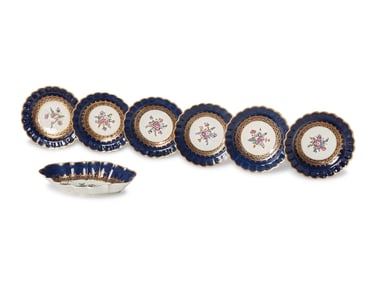 A Group of Seven Worcester Floral, Cobalt and Gilt-Decorated Porcelain Table Articles