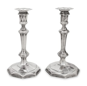 A Pair of Queen Anne Britannia Silver Candlesticks