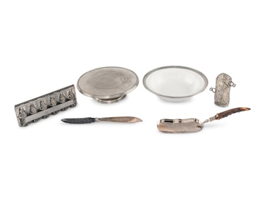 A Group of Seven Silver-Plate and Metal Mounted Serving Items