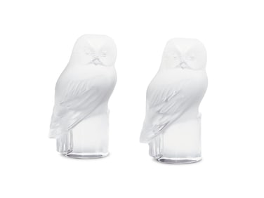Two Lalique Chouette Glass Owl Figures