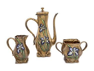 An American Silver-Gilt and Enamel Decorated Three-Piece Coffee Service