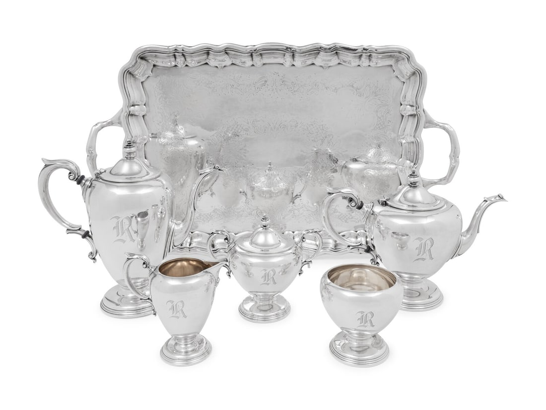 An American Silver Tea and Coffee Service: An American Silver Tea and Coffee Service Wallace Silversmiths, Wallingford, CT, 20th Century Windermere pattern, comprising a teapot, coffee pot, covered sugar, creamer, and waste bowl; each marked '