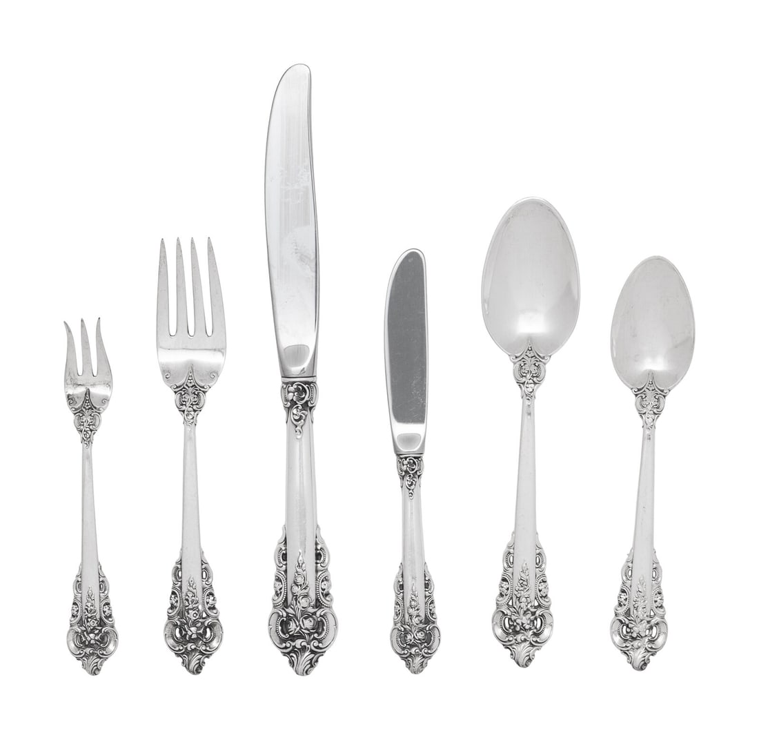 An American Silver Grand Baroque Flatware Service: An American Silver Grand Baroque Flatware Service Wallace Silversmiths, Wallingford, CT, 20th Century comprising: 12 dinner forks 13 salad forks 12 cocktail forks 12 tablespoons 24 teaspoons 12 dinner