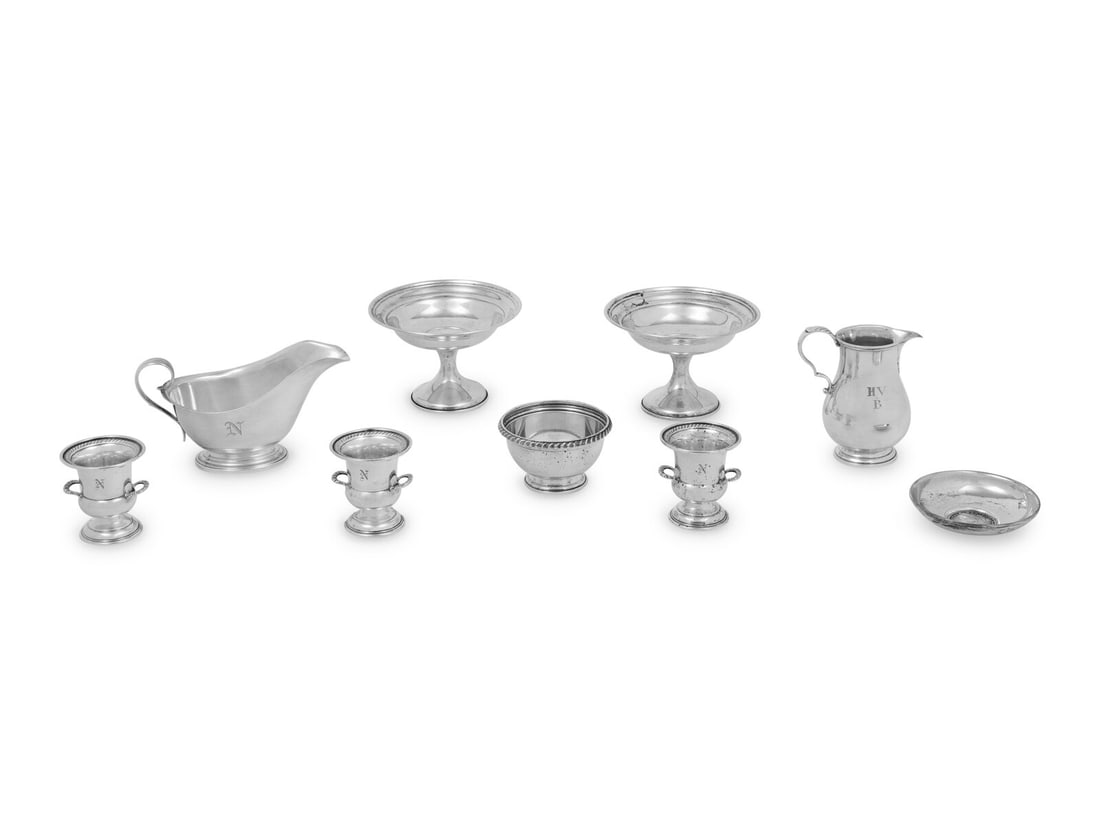 An Assembled Group of American Silver Table Articles: An Assembled Group of American Silver Table Articles comprising a pair of weighted tazze, a creamer, an open sugar, and a sauce boat, all by Gorham; a set of four toothpick holders by Redlich and Co.;