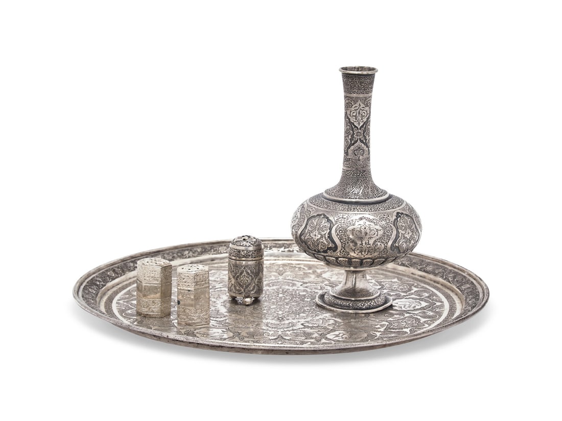 A Group of Five Persian Silver Table Articles (1 of 3)