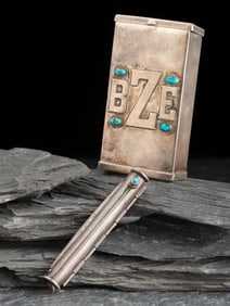 Frank Patania, Sr.  (American, 1899-1964) Custom Monogrammed Sterling Silver and Turquoise Cigarette
