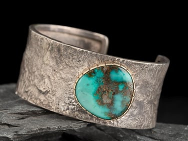 Southwestern-style Silver Cuff Bracelet, with 14K Gold Bezel and Turquoise