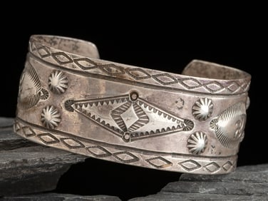 Navajo Stamped Ingot Cuff Bracelet, with Whirling Logs