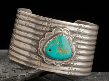 Wide Navajo Cuff Bracelet, with Drilled Turquoise Stone